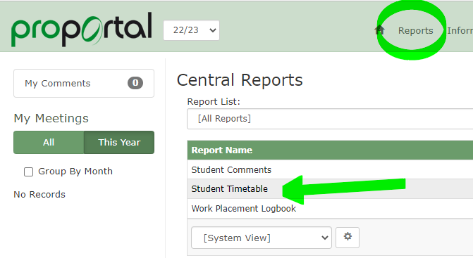 Screenshot of timetable location in ProPortal